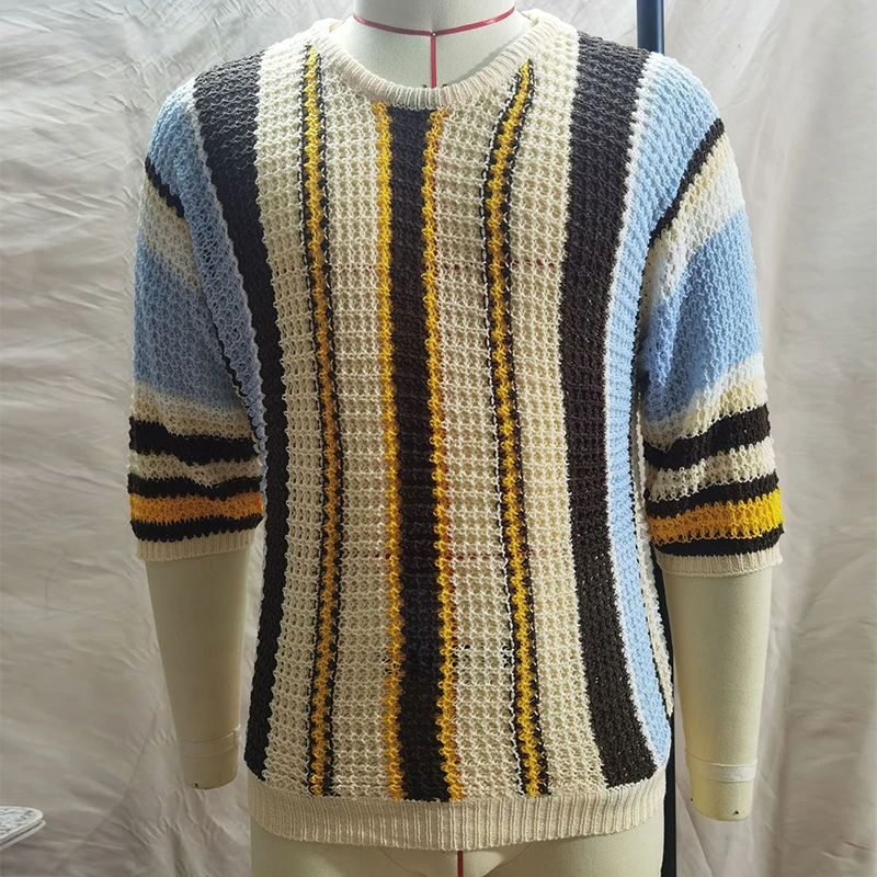 Stylish Striped Crochet Knit T Shirts Men Summer Breathable