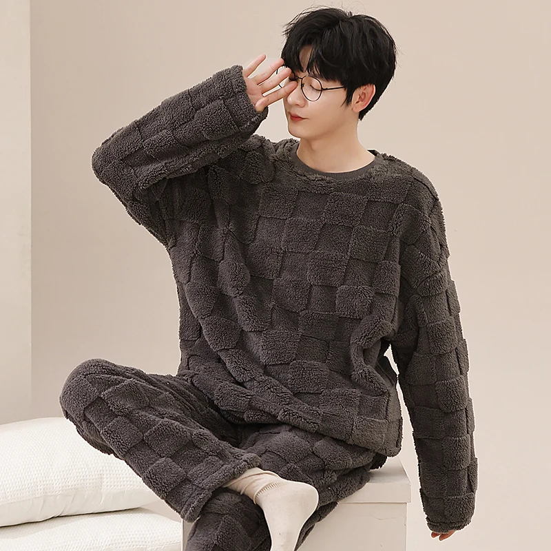 2 Pieces Set Winter Warm Homewear For Male Flannel Pajamas Set Young Men Casual Loungewear