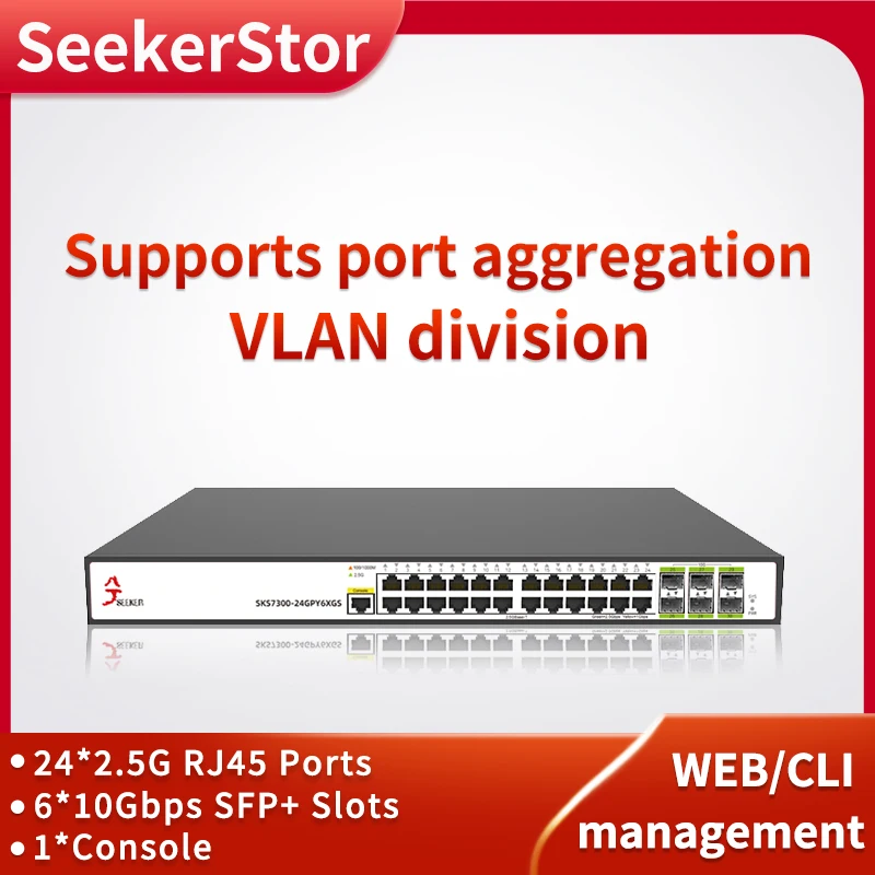 

XikeStor 30 Port L2 Managed Switch 24 2.5G RJ45 & 6 10G SFP+ WEB/CLI Management VLAN Division Port Aggregation