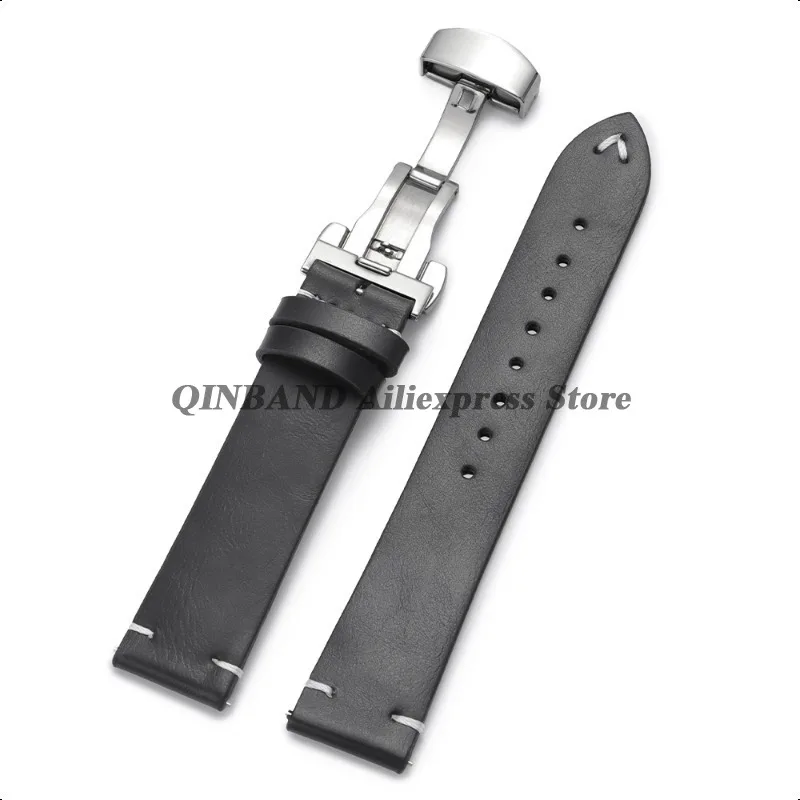 Stainless Steel Butterfly Clasp PU Leather Watchband - Soft Business Bracelet Strap in Black or Brown