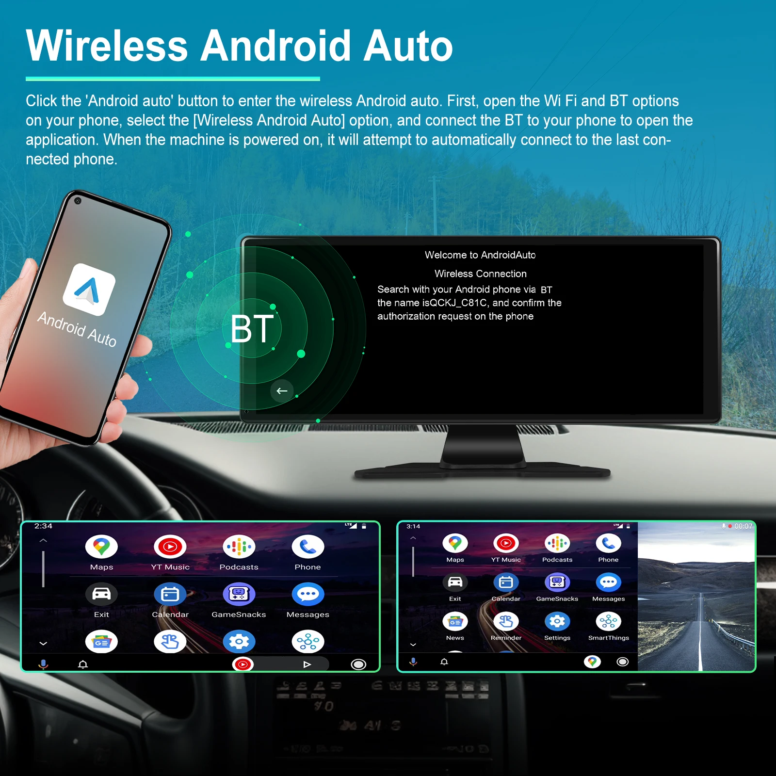 Podofo 11.3" Car Mirror Carplay Smart Player Suppport Rear Camera Android Auto/CarPlay With 4K Foward Camera Dashboard DVR images - 6