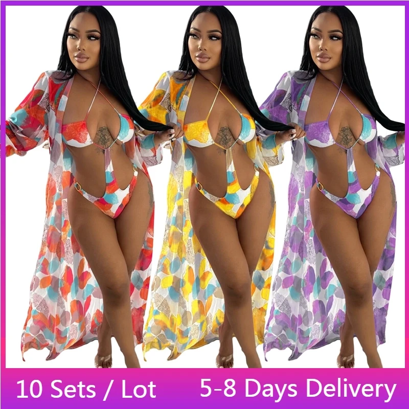 

Wholesale Items Print Beach Outfits for Women Cover-up Long Cardigan + Sexy Bodysuit Set Boho Summer Chiffon Sexy 2 Piece Set