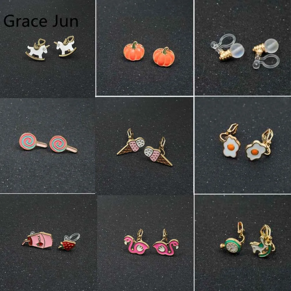 GRACE JUN Cute Animal Friut Enamel CZ Clip on Earrings for Women Fashion Party Prom Stuedent Style No Pierced Earrings ear clip earrings clip earrings ear clip ear accessories