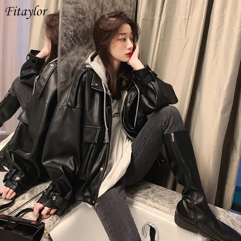 

Fitaylor New Autumn Women Streetwear Black Pu Faux Soft Leather Jacket Casual Female Fake 2 Piece Hooded Zipper Loose Biker Coat