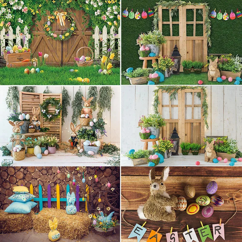 

Spring Easter Wood Door Photography Backrops Flower Bunny Egg Kid Birthday Party Portrait Decor Backdrop Photo Studio Backgroun