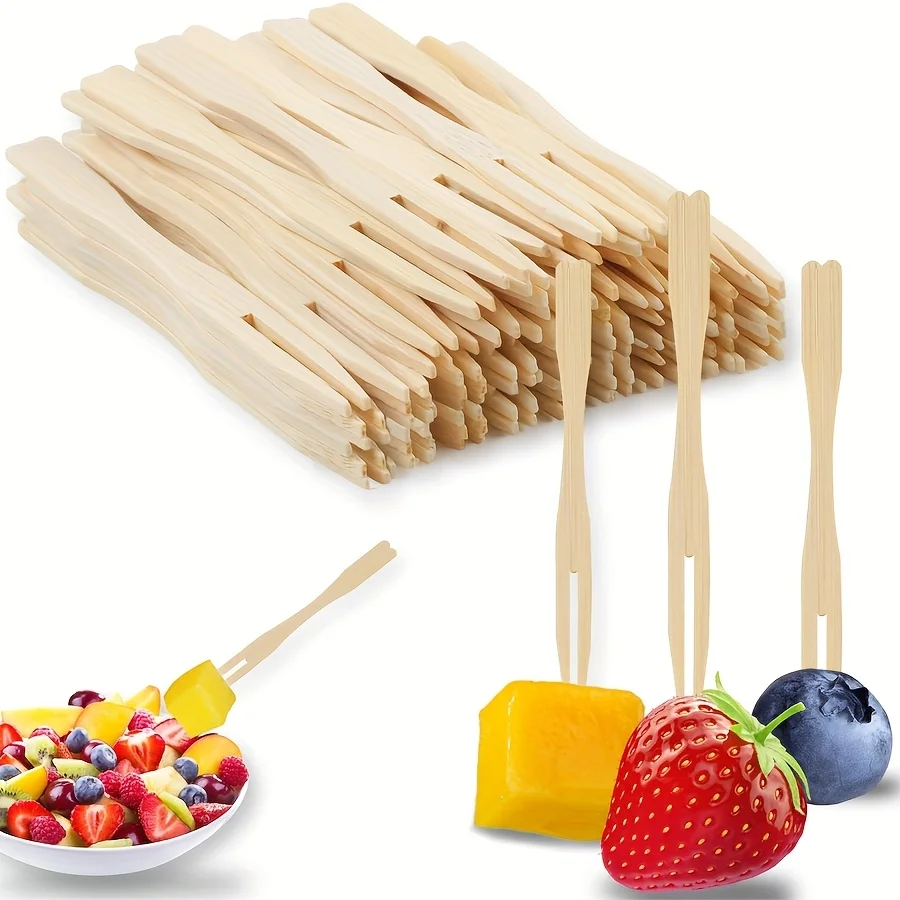 100pcs Bamboo Fruit Picks Disposable Wooden Forks Dessert Cakes Fruit Appetizers Household Wedding Party Restaurant Tableware