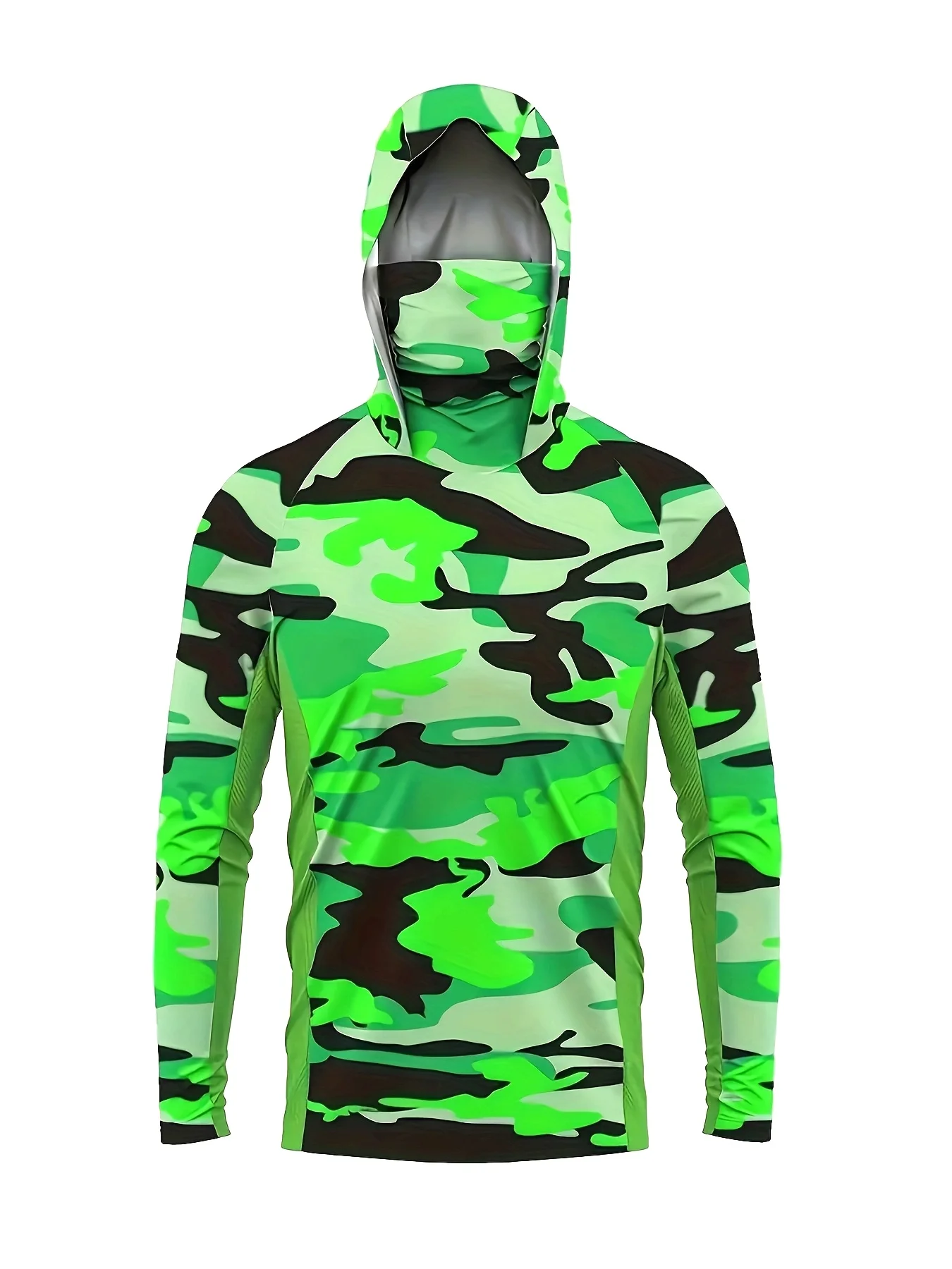 Men UPF50+ Fishing Hoodie Built-in Face Mask Neon Green Camouflage Lightweight Long Sleeve Quick-Dry Boating Hiking Shirts