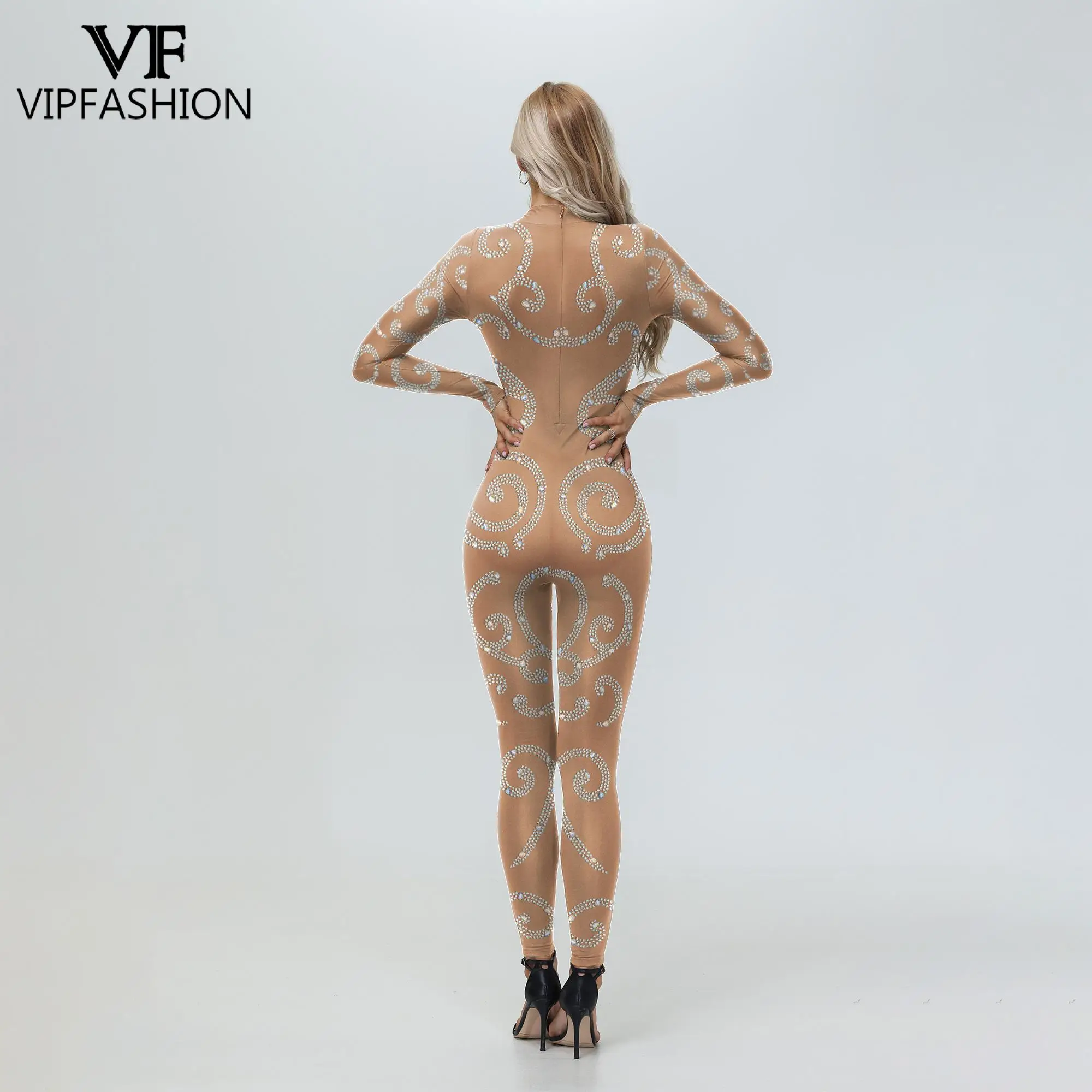 VIP FASHION Skin Color Rhinestone Print Jumpsuit for Women Elegant Zentai Bodysuits Lady Festival Catsuit Cosplay Party Costume cosplay costume adult unitard