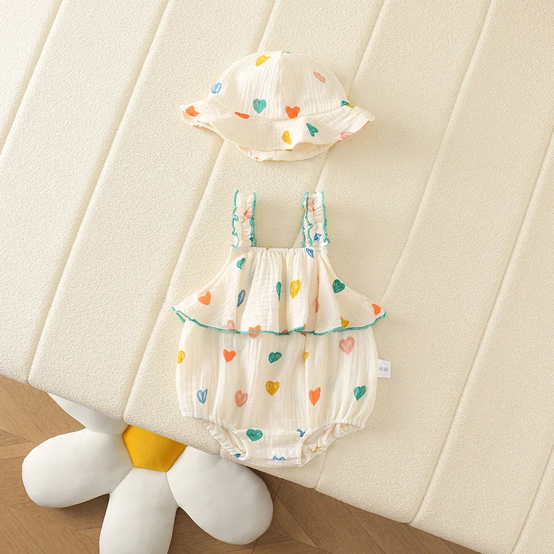 2024 New Baby Bodysuit 6-24M  소녀 모자와 달콤한 사랑 점프 슈트  귀여운 거즈 서스펜더 여름 의류