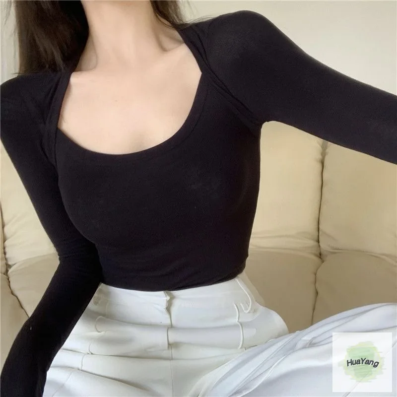 

Woman's Clothing Spring Autumn Style Basic T-Shirts Tops Lady Slim Long Sleeve Square Collar Sheath Tops SS043
