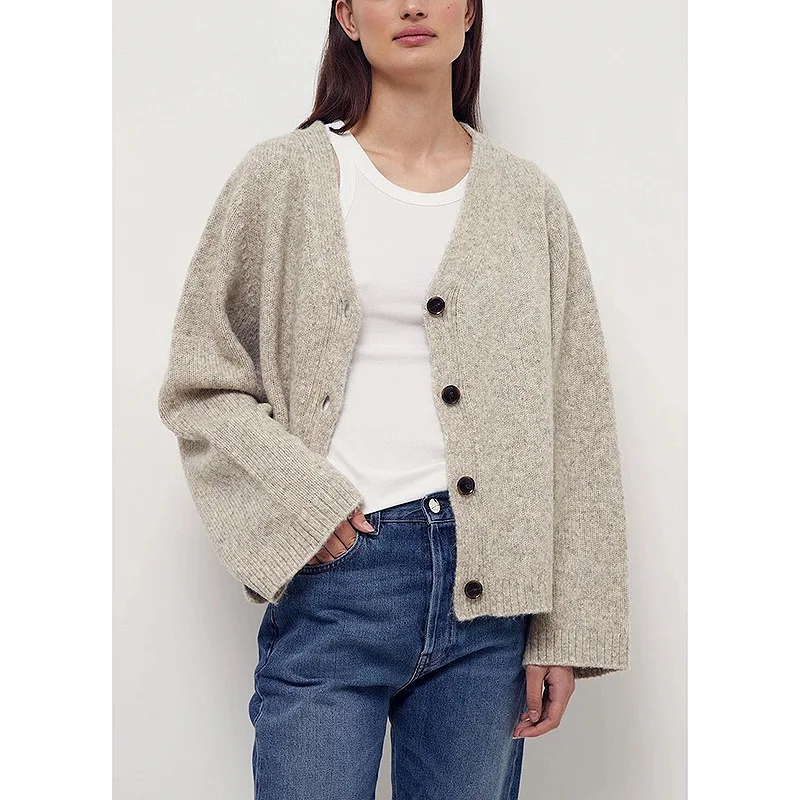 

T0te-Women's V-Neck Cardigans, Wool Sweater, Outer Jacket, Loose, Simple, Cropped Cardigan Tops, Autumn and Winter
