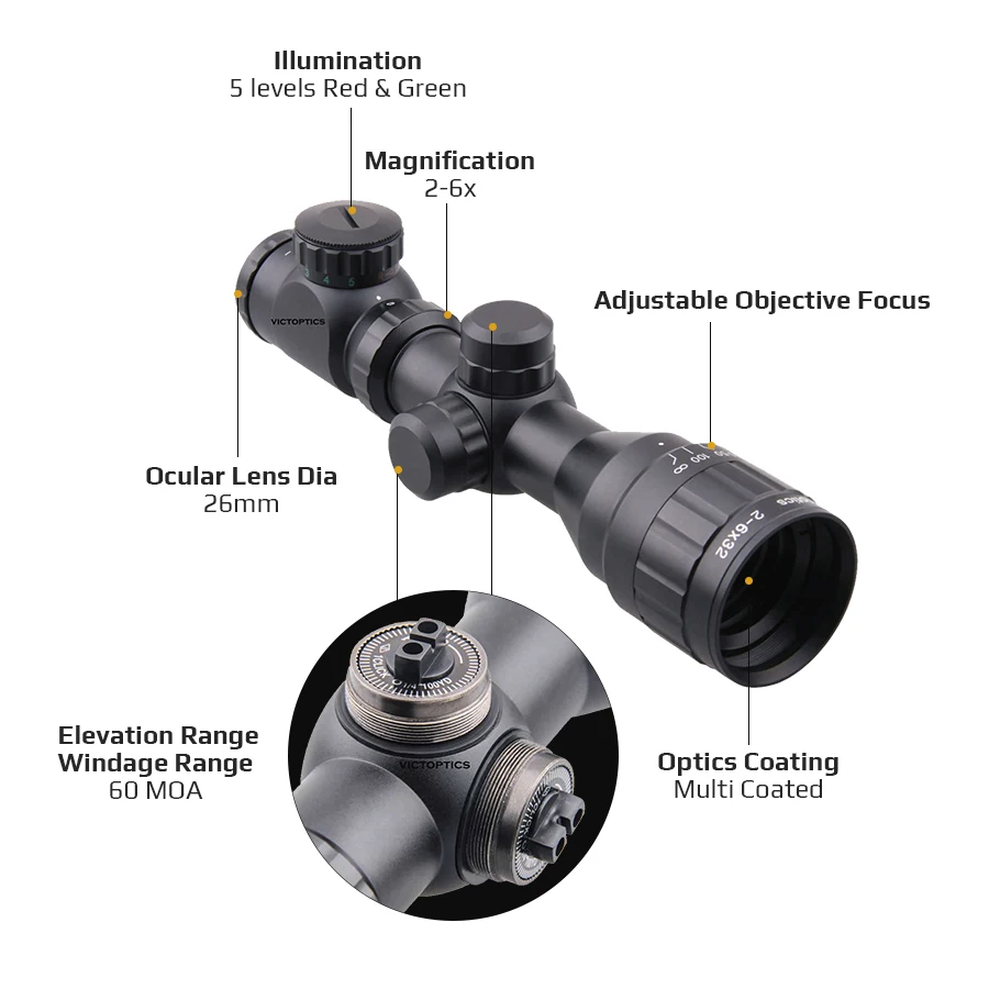 Rifle Scope Victoptics 2-6X32 Aoe Hunting Scope Range Finder Reticle Riflescope Red Green Illuminate Scopes Airgun Lunettes