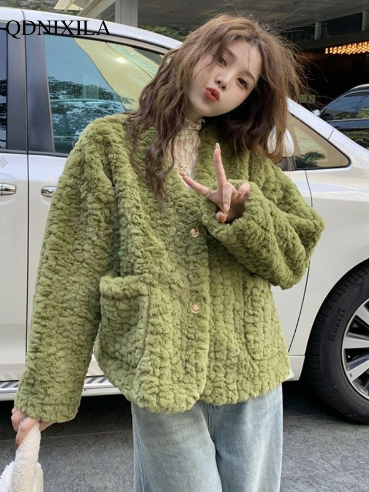 

Autumn Winter Women's Imitation Lamb Wool Coat Korean Fashion Loose Cardigan Long Sleeve Luxury Elegant Short Jackets for Women