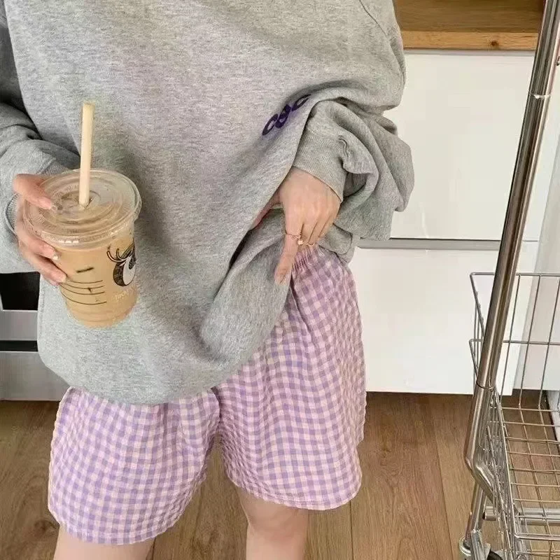 Shorts de pijama para mujer a cuadros algodón suave lounge_voghion.com
