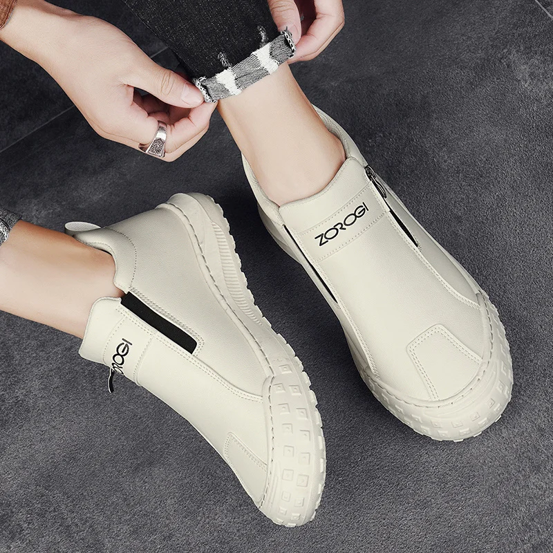 Spring Hot Sale Outdoor Casual Shoes Men Fashion Mid-top Work Shoes Men Zipper Sports Shoes Comfort Driving Loafers Men Sneakers 3