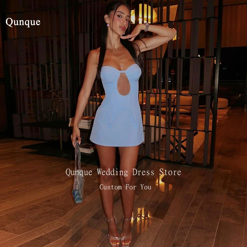 Qunque Short Cocktail Dresses Satin Sleeveless Above Knee Hollow Out Party Club Gowns