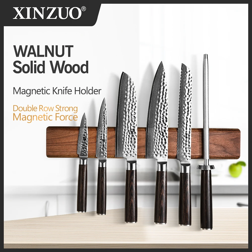 XINZUO 40cm Walnut Solid Wood Magnetic Knife Holder Double Row Strong Magnetic Force No Nails/ Punching Kitchen Accessories