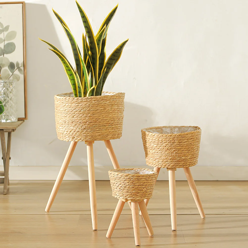 

Floor Planter Stand Shelf Indoor Holder Wood Pot Container Rattan Kitchen Decoration Basket Crafts Wooden