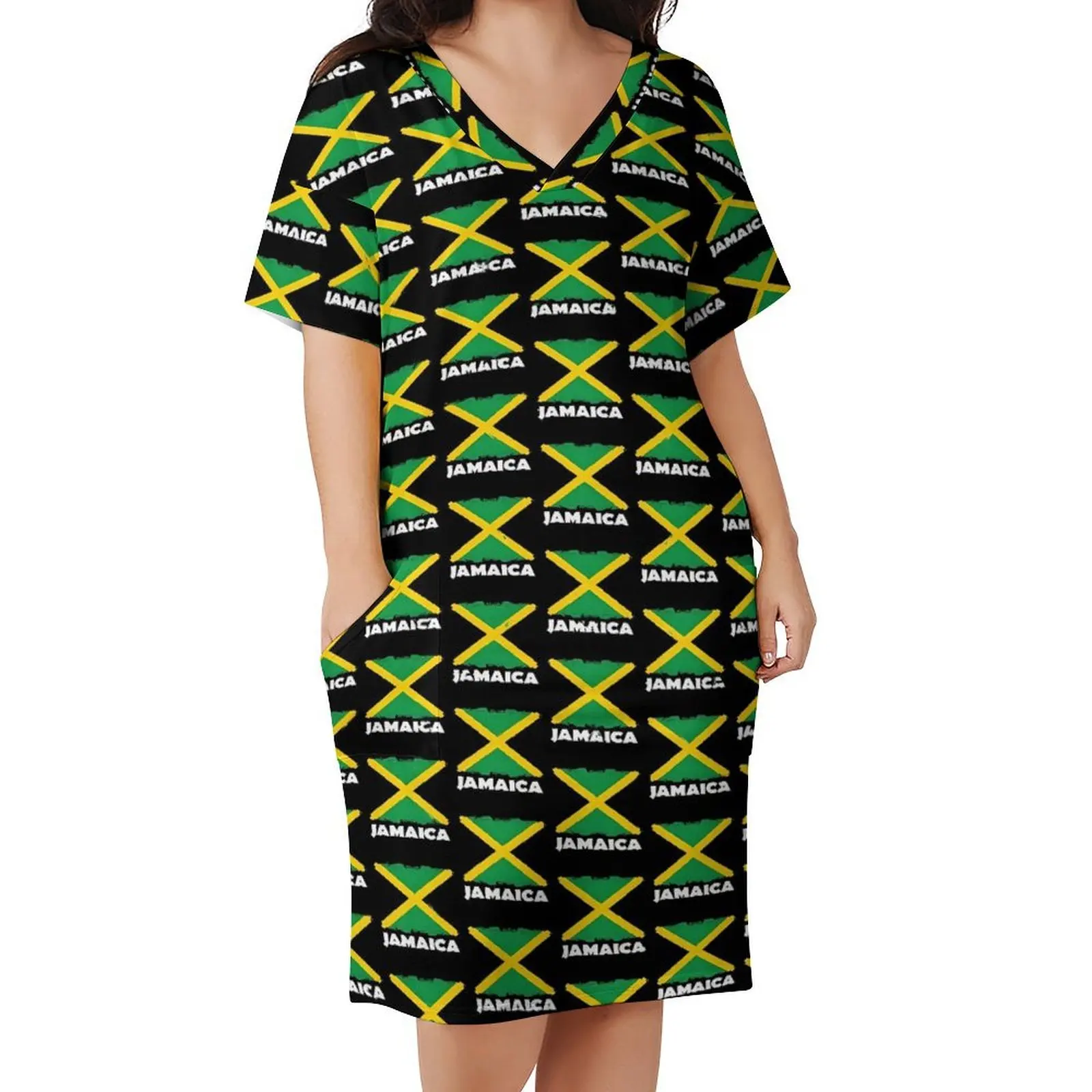 

Jamaica Flag Print Casual Dress Woman National Day Sexy Dresses Summer V Neck Aesthetic Graphic Dress Big Size