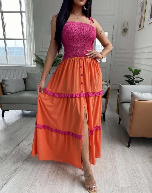 

Sexy Slim-Fit Style for Women's Long Dress 2024 Summer V-Shaped Collar Sleeveless Orange Lace Matching High-Waisted Slip Dress