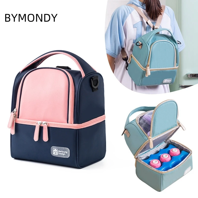 BYMONDY Dual Compartment Thermal Lunch Bags Outdoor Insulated Lunch Box Heat Preservation Food Bag Mommy Breast Milk Backpack