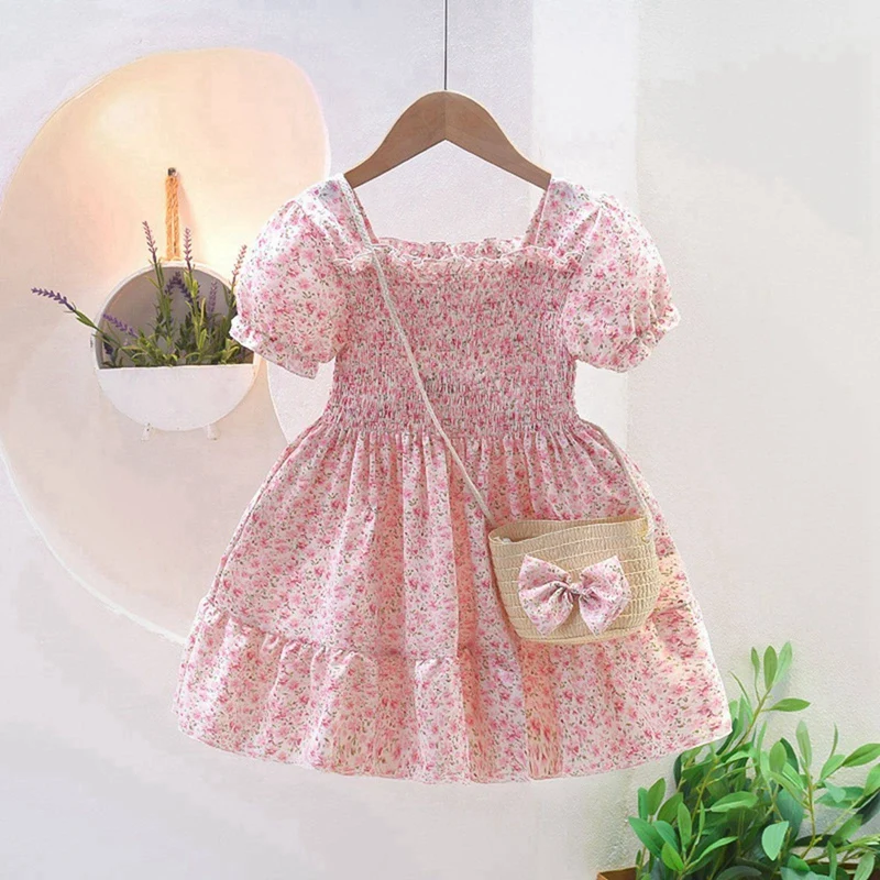 

Summer Girls Floral Dresses with Straw Bag Sweet Kids Flowers Costumes Children Short Sleeve Vestidos Baby Clothing