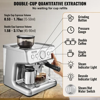 SucceBuy Espresso Machine with Grinder 15 Bar Semi-Automatic Espresso Coffee Maker with Milk Frother Steam Wand 5
