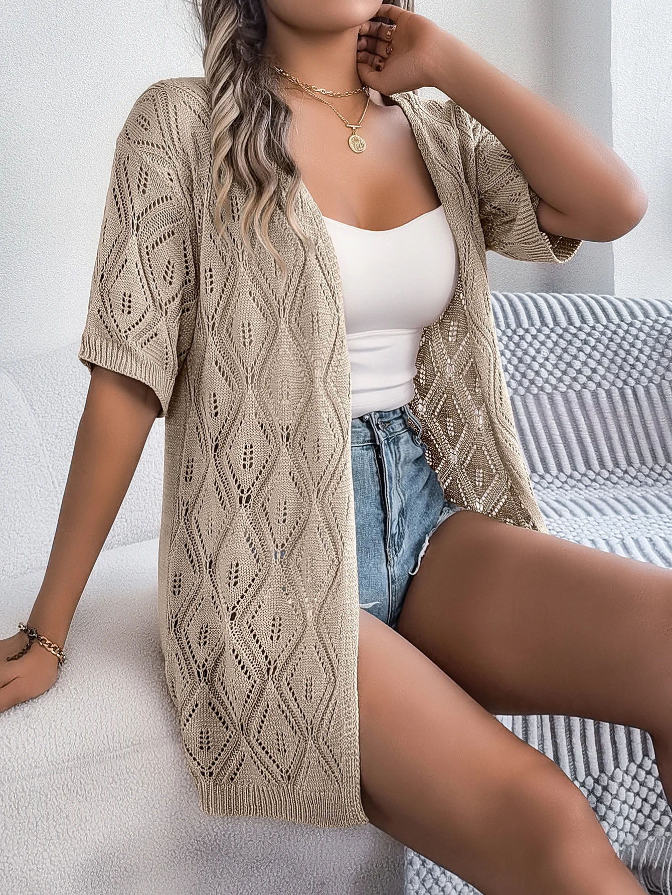 Women Pink White Knit Cardigan Sweater