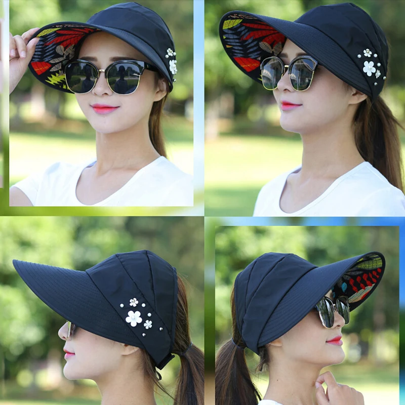Summer Outdoor Wide Brim Casual Cap UV Protection Beach Sun Visor Adjustable Empty Top Breathable Hat Foldable Sun Hat