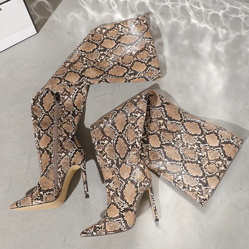 Kcenid New Women Snake Pattern Over The Knee Boots PU Leather Lady Fashion Shoes Super Stiletto High Heel Nightclub Boots Zipper