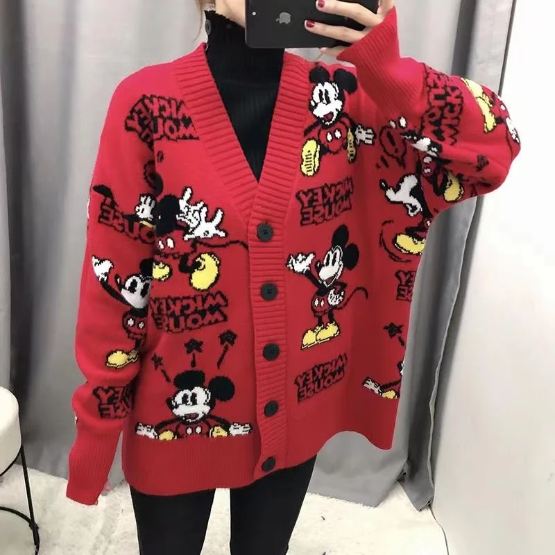 Disney Mickey Mouse Long Sleeve Autumn Winter Cardigan Jumper Tops  Turtleneck Pullovers Casual Sweaters Women Loose Sweater - Cardigan -  AliExpress