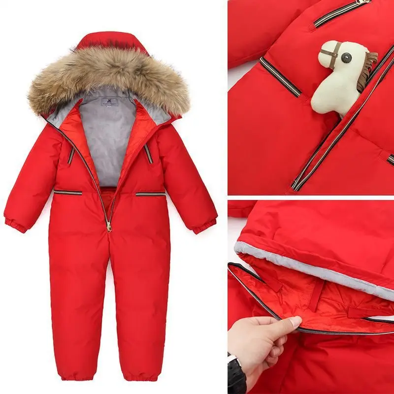 Children's One-Piece Ski Suit Older Children down Jacket Boys Fleece-lined Cold Extra Thick Girl's down Coat Jacket Suit