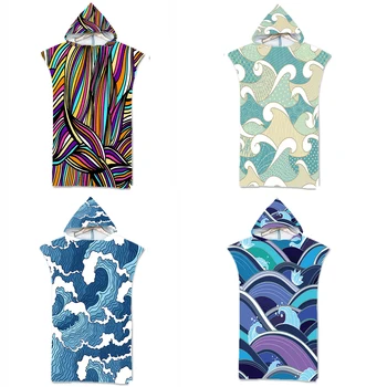 맞춤형 웨이브 리플 양면 극세사 빠른 건조 휴대용 후드 비치 타월, 야외 성인 어린이 목욕 가운, 서핑 판초