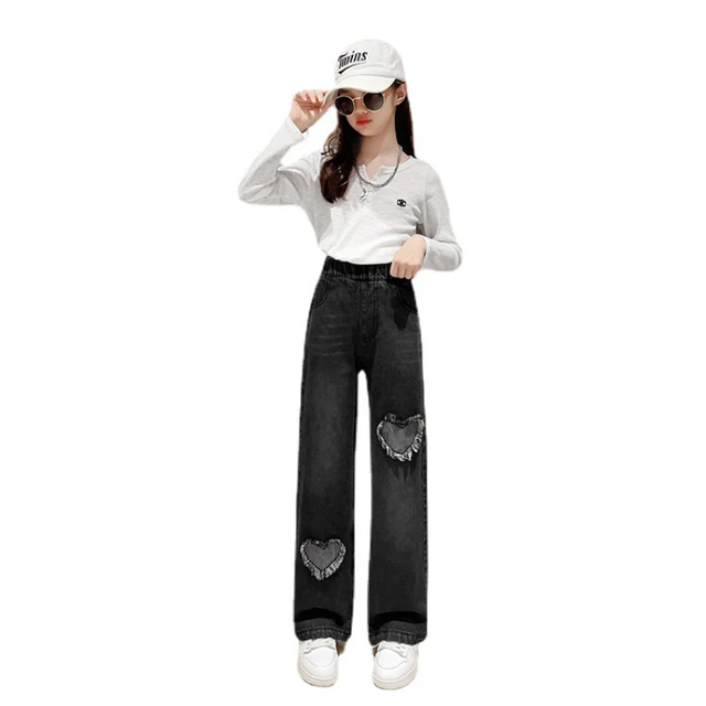 Denim Patch Pattern Design Teen Girls Fashion Loose Pants, 4