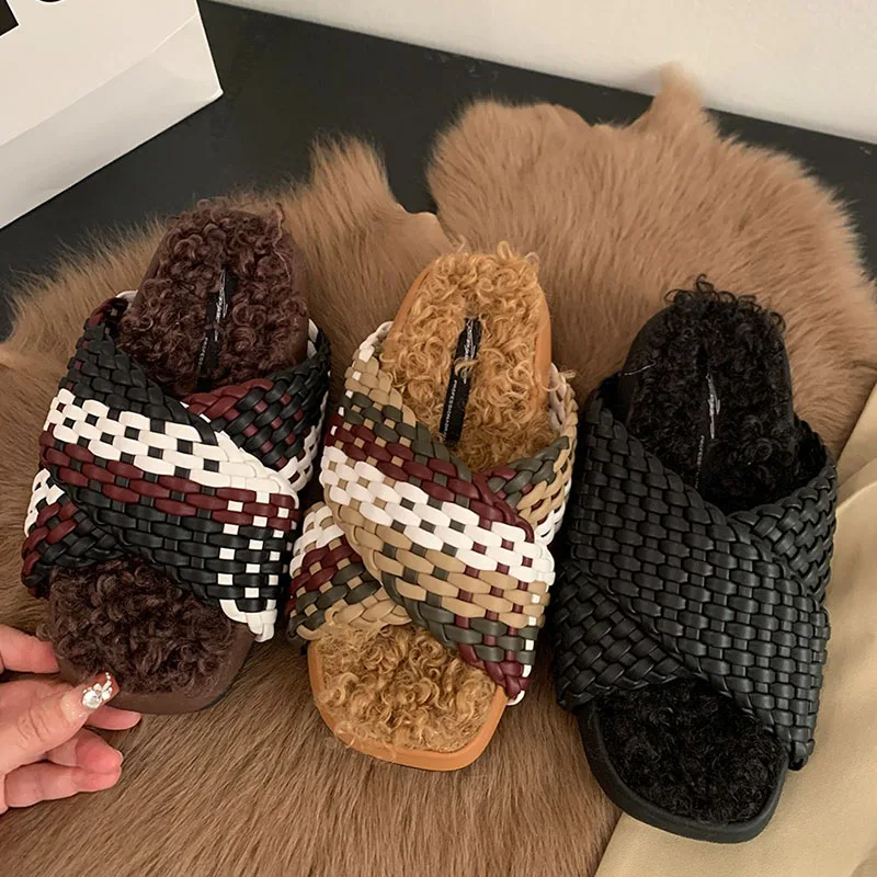 

2023 Women Cross Plush Braid Slipper Warm Slides Winter Soft Warm Ladies For Female Flip Flops Fluffy Shoe Casual Slippers