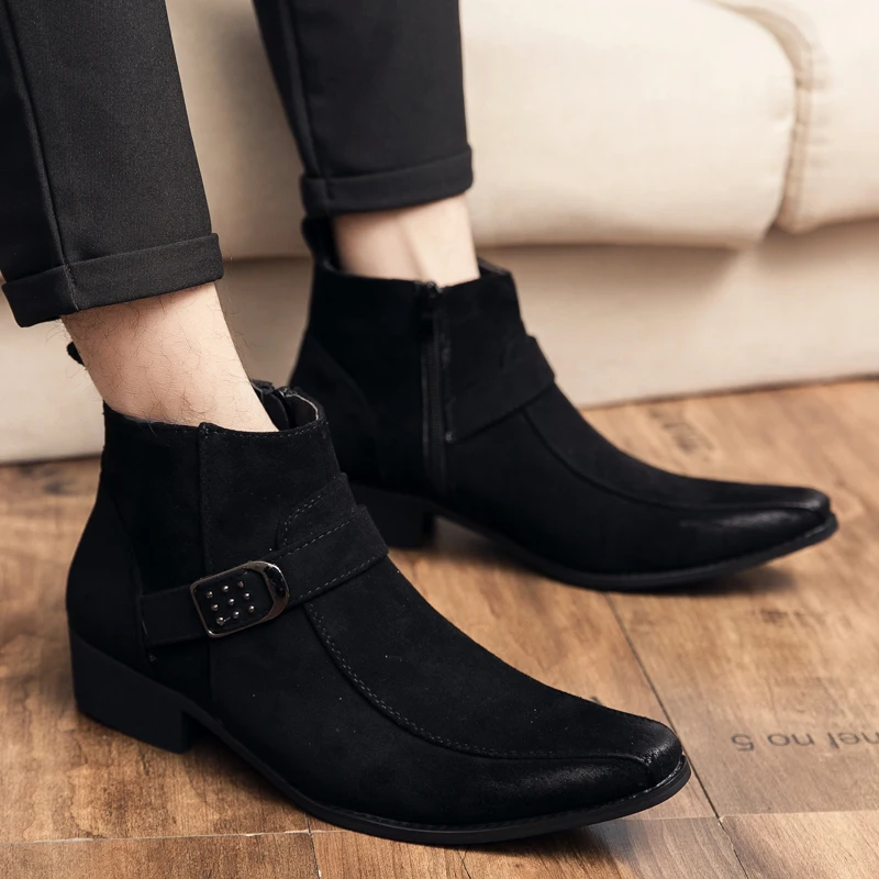 

Pointed Shoes Senior Chelsea Boots Cow Suede Leather Men Shoe British Style Dress Formal Boots Model Fashion Street Dating Party
