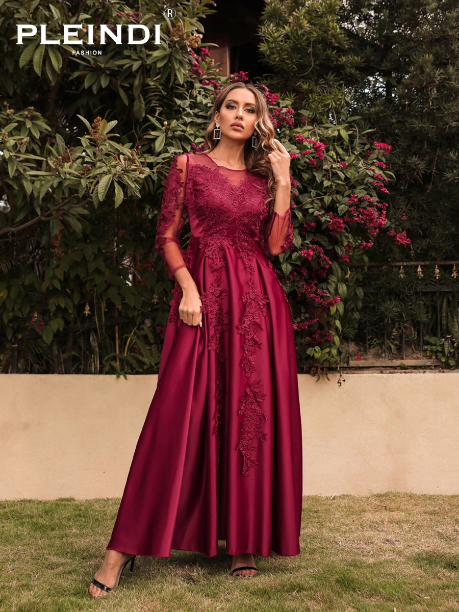 PLEINDI Vintage Evening Dresses Party Women Dress Wedding Long Sleeve O-Neck 2022 New Elegant Lace Corduroy Burgundy Red Prom