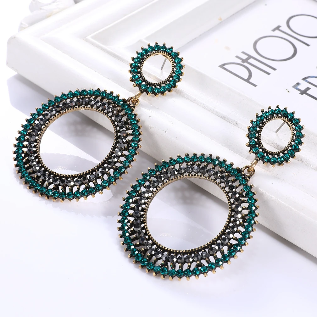 

Hot Retro New Exaggerated Hoop-shaped Crystal Rhinestone Beads Big Pendant Drop Earrings for Women Girls Fashion Wedding Jewelry