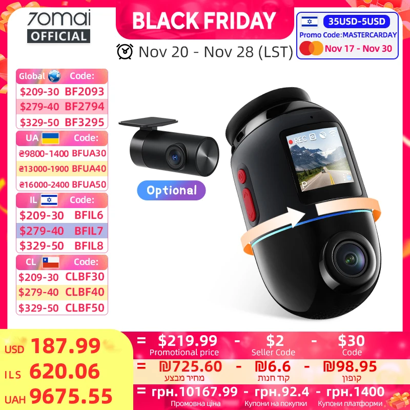 70mai Dash Cam 4K Omni X800 IMX678 360° Full View Supercapacitor