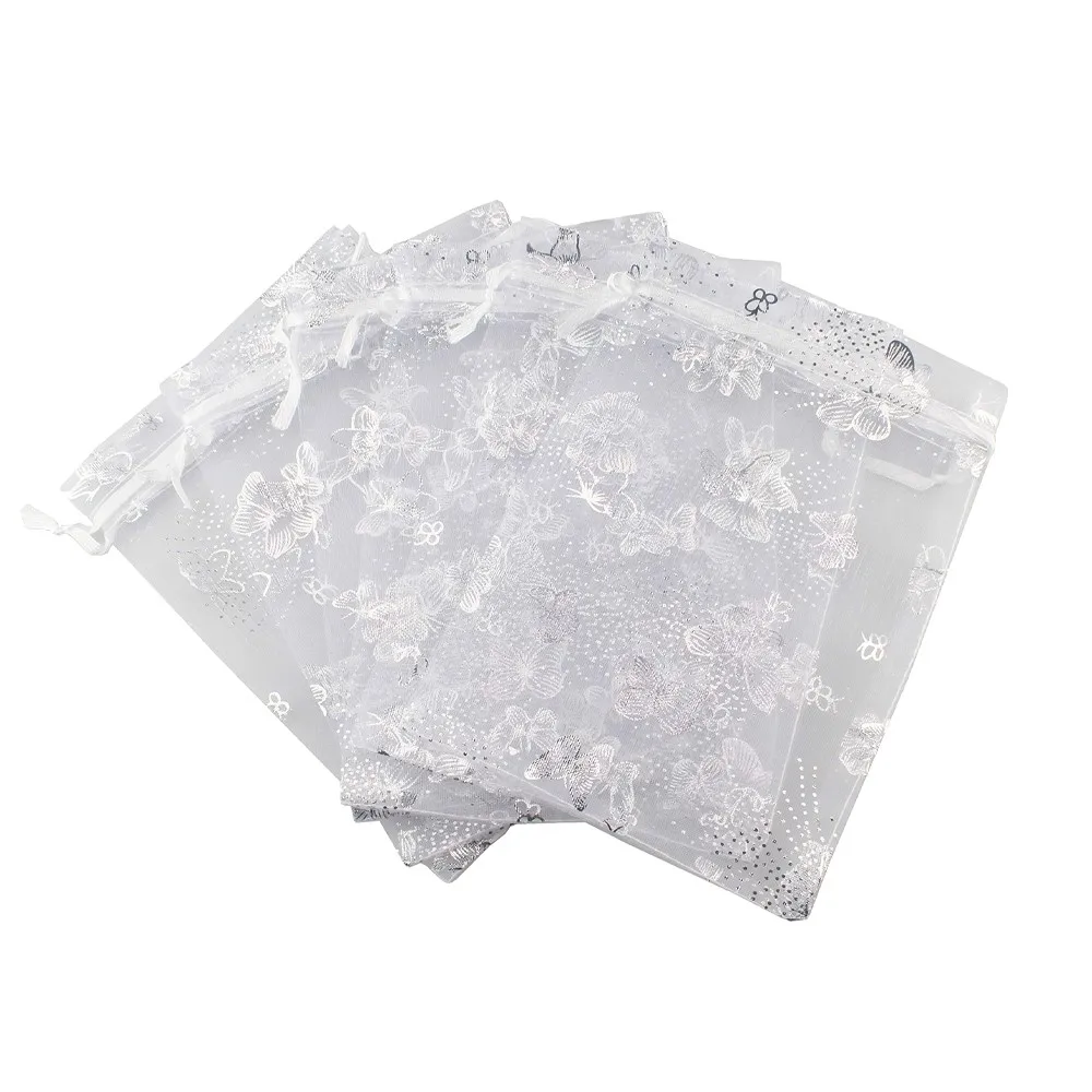 50 stücke weißer Schmetterling Organza Kordel zug Geschenk kleine Beutel Taschen Perlen Schmuck Beutel für Hochzeit Süßigkeiten Festival bevorzugen Verpackung