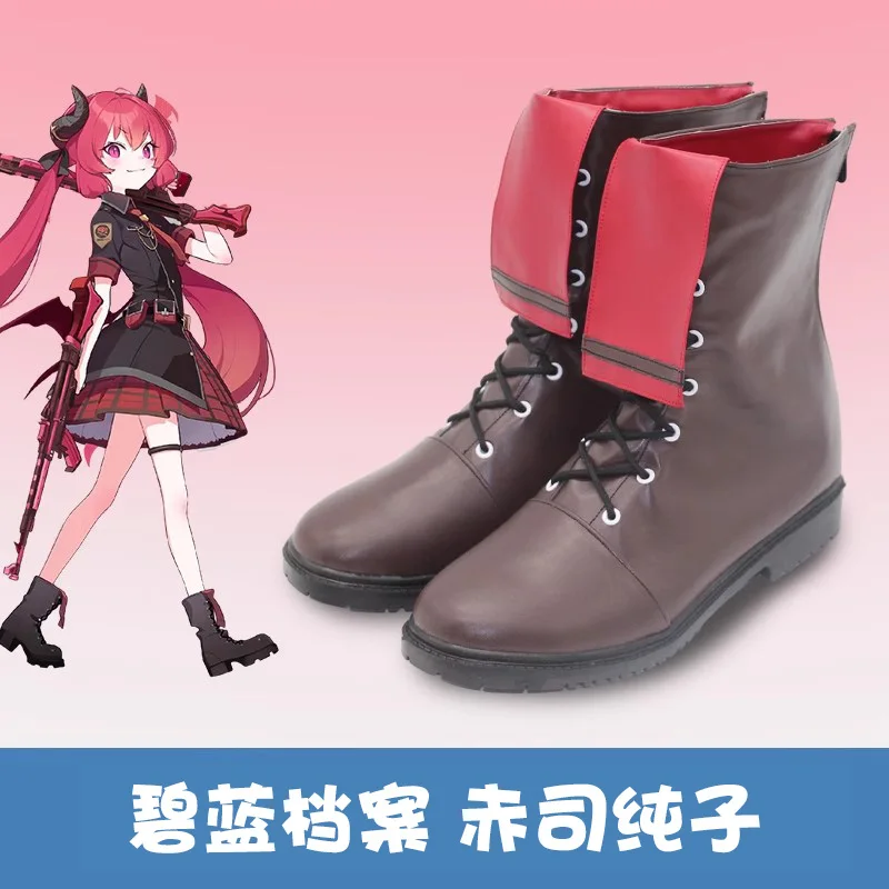 

Game Blue Archive Akashi Junko Cosplay Cute Prop brown shoes collar red customize Mid-calf lace-up boots Shoes A