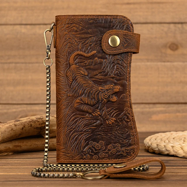 Handmade Leather Chinese Lion Mens Chain Biker Wallet Cool Leather Wallet with Chain Wallets for Men