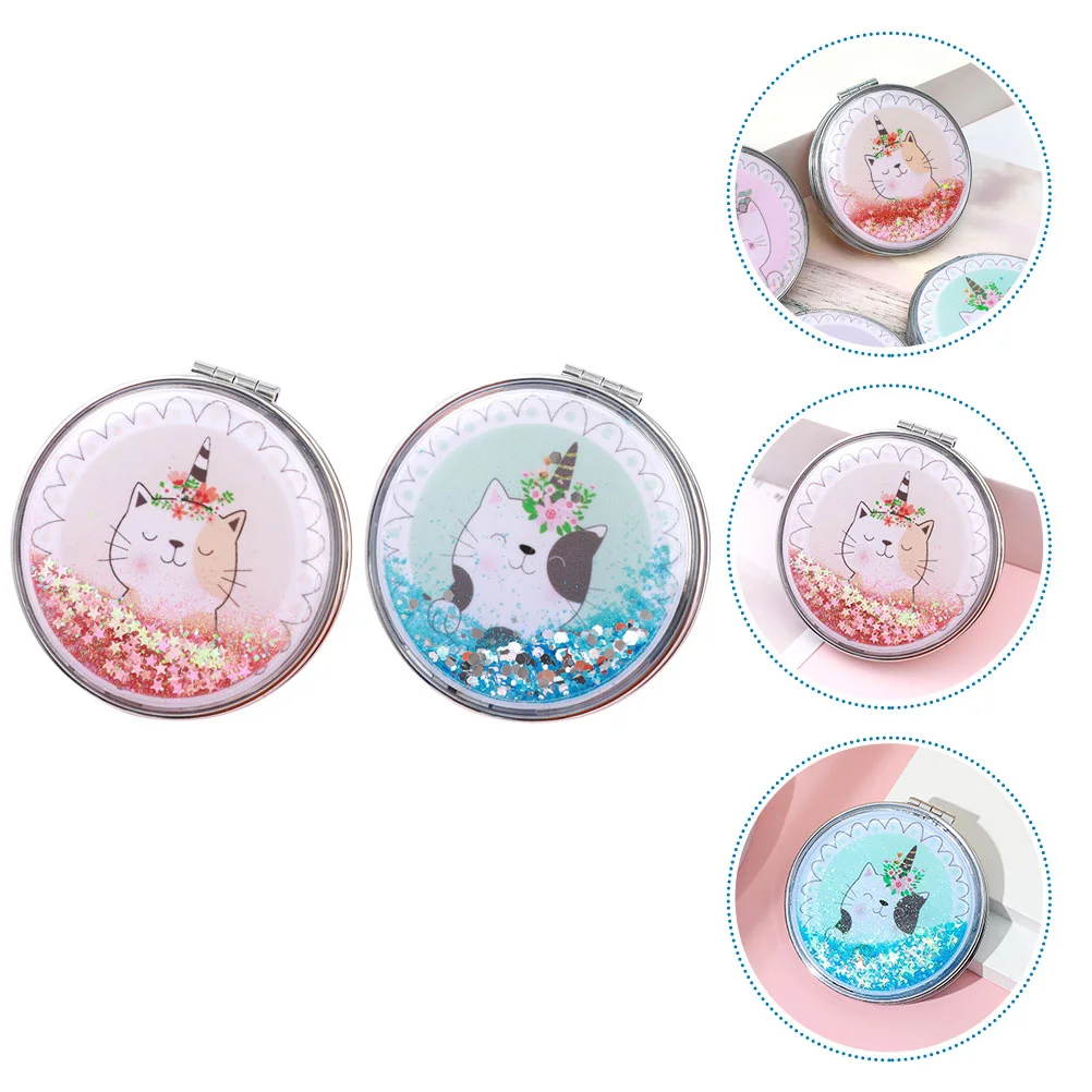 

2 Pcs Kitten Makeup Mirror Pocket Magnifier Travel Mirrors Foldable Portable Looking-glass Girls Lenses Two-sided Woman Women