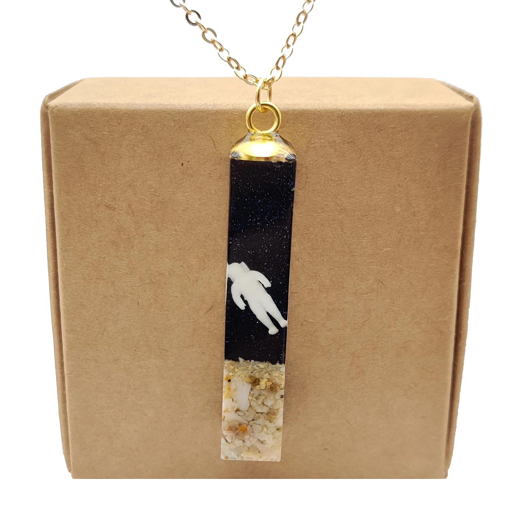 

Astronaut Floating Outer Space Starry Sky Cosmonaut Spaceman Cube Resin Gold Color Pendant Chain Long Necklace Women Handmade