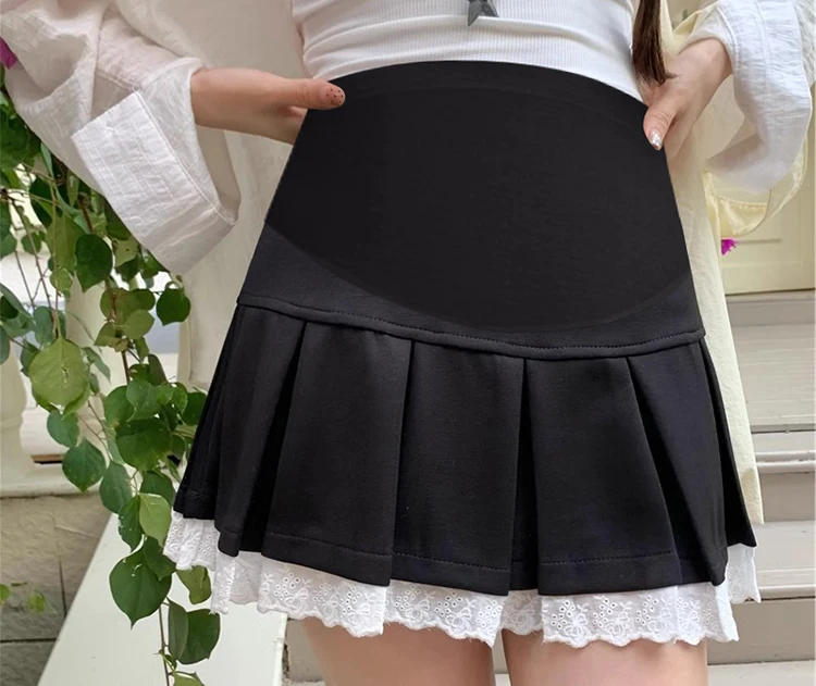 Good Quality Japanese Style Maternity Mini Skirts with Lining Shorts Lace Patchwork High Waist Pregnant Woman Pleated Skirt Cute