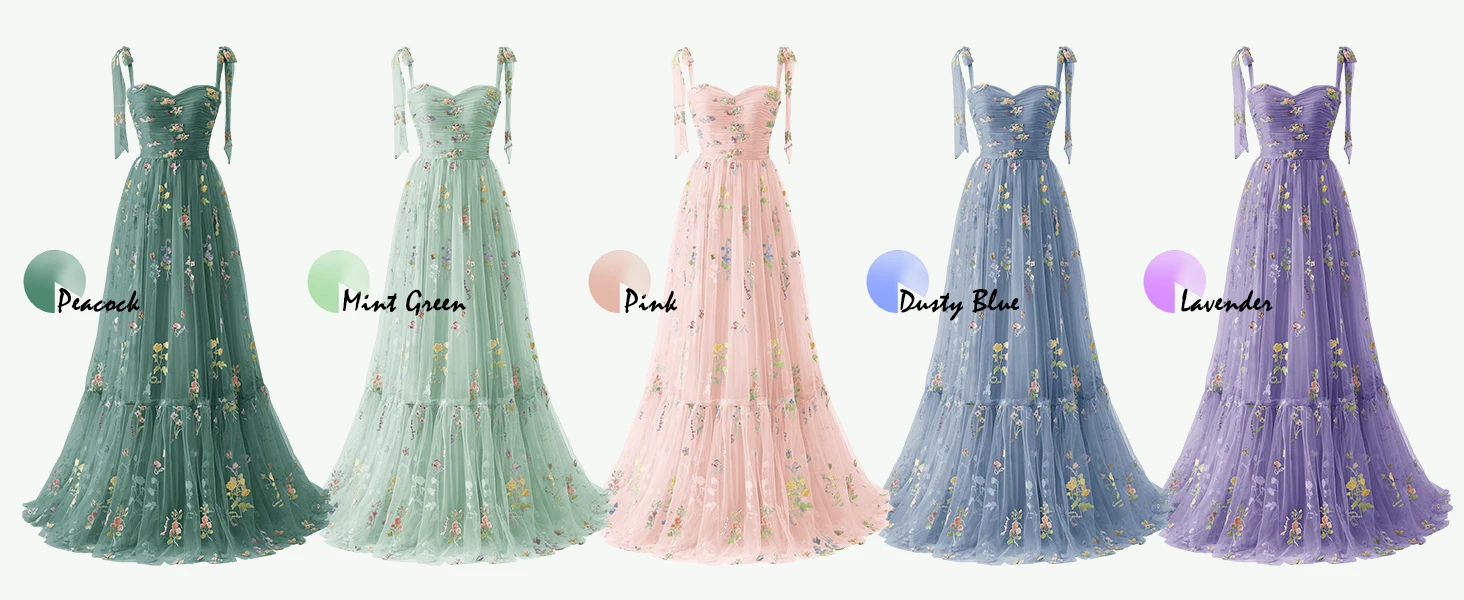 Flower Embroidery Tulle Prom Dresses Long Spaghetti Strap Fairy Ruched Formal Evening Party Gown