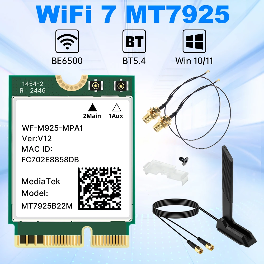 WiFi 7 MT7925 네트워크 카드 BT5.4 6500Mbps 802.11BE 외부 안테나 포함 M.2 Key E 이더넷 WiFi 어댑터 (윈도우10/11용)