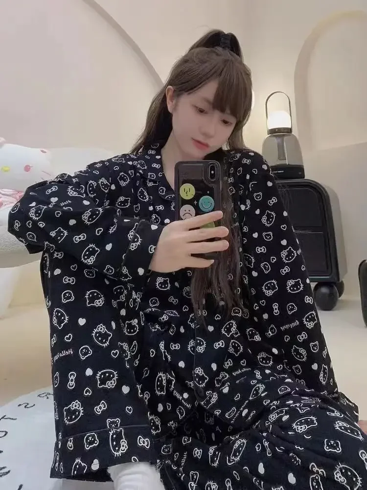 여성용 루즈 플랫 칼라 잠옷, 긴팔 바지, 투피스 도매, 귀여운 헬로 키티 홈 서비스, 2024 용수철 가을