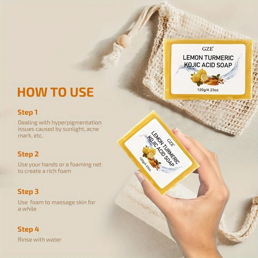 GZE Body Restore Lemon Turmeric Kojic Acid Soap, with Shea Butter, For Face Dark Spots, Body, Rejuvenating, Exfoliating 2