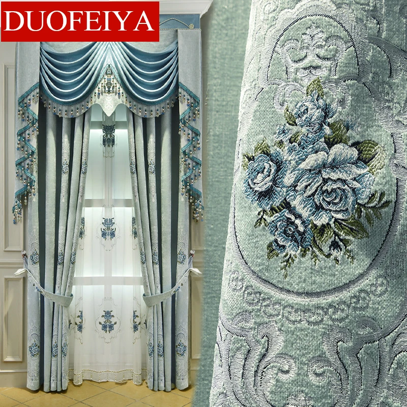 

Занавески на заказ, высококачественные роскошные европейские зеленые шенили, роскошные тканевые шторы с вышивкой, затемняющие шторы, тюлевые балдахины N304